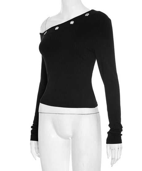 Grommet Glam: Edgy Black One-Shoulder Long Sleeve Top for Fall & Holiday Style