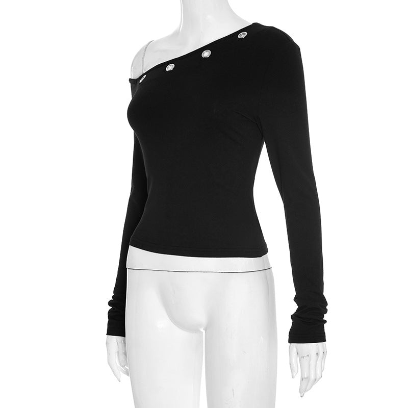 Grommet Glam: Edgy Black One-Shoulder Long Sleeve Top for Fall & Holiday Style