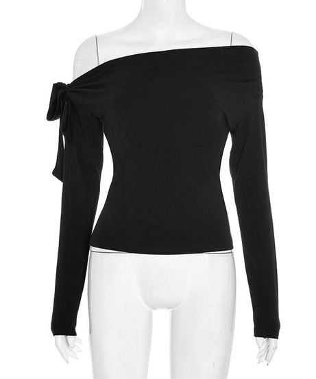 Effortless Chic: Black Off-Shoulder Knotted Long Sleeve Top for Fall & Holiday Style