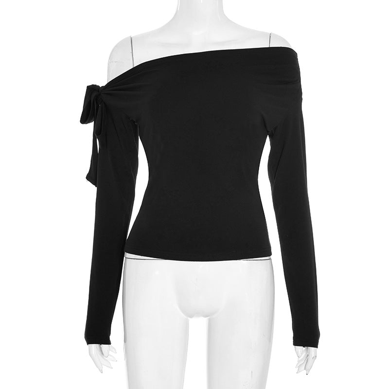 Effortless Chic: Black Off-Shoulder Knotted Long Sleeve Top for Fall & Holiday Style