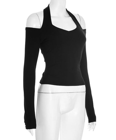 Chic Fall Nights: Black Halter Cold Shoulder Long Sleeve Top | Elevated Autumn Style