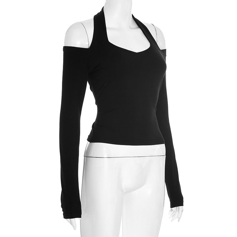 Chic Fall Nights: Black Halter Cold Shoulder Long Sleeve Top | Elevated Autumn Style