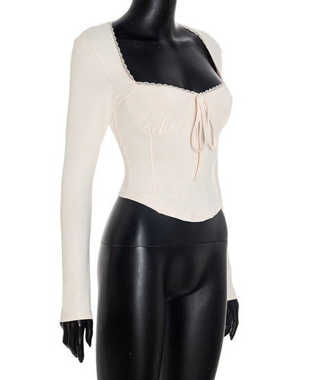 Autumn Chic: Square Neck Long Sleeve Tie-Front Top with Delicate Lace Trim – Fall Essential
