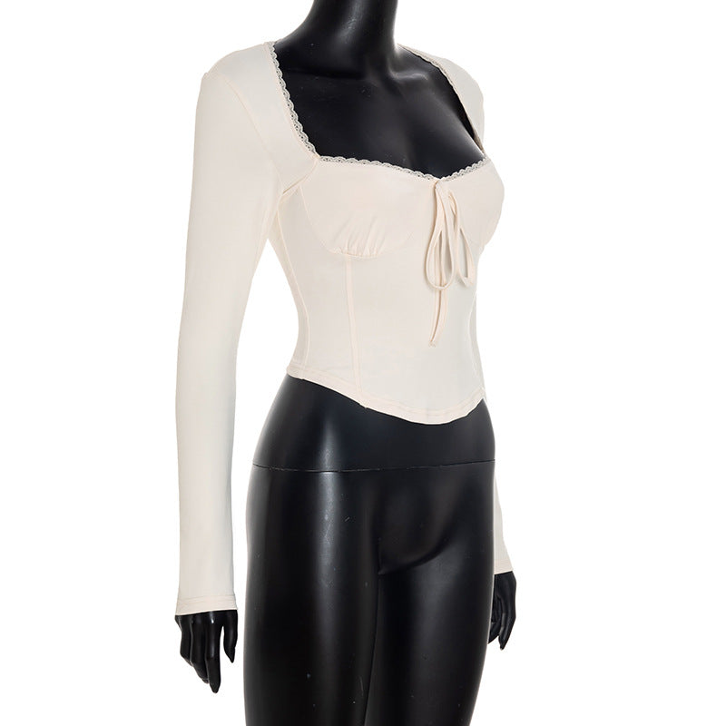 Autumn Chic: Square Neck Long Sleeve Tie-Front Top with Delicate Lace Trim – Fall Essential