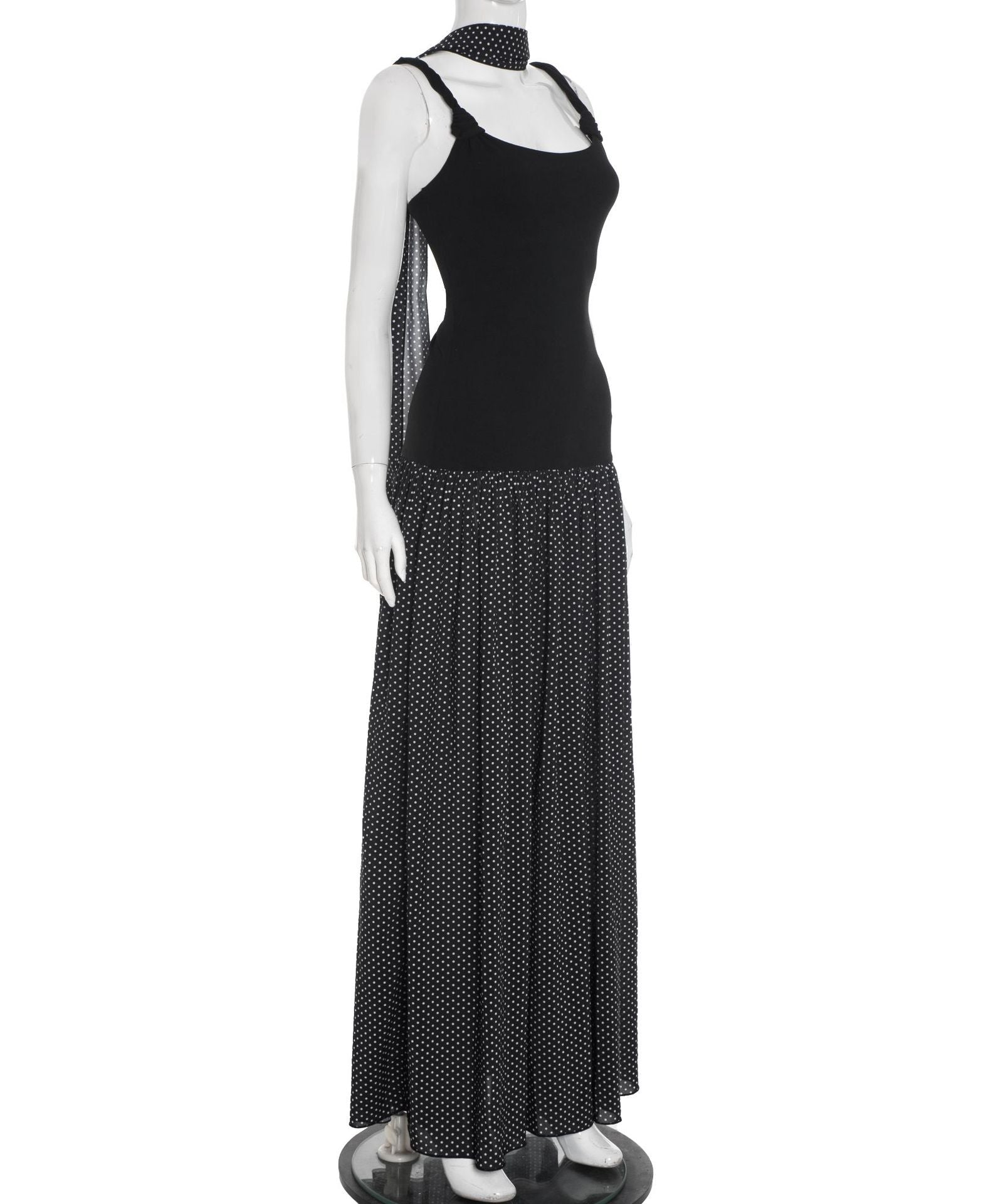 Chic Polka Dot Maxi Dress for Fall | U-Neck & Knotted Straps with Matching Scarf