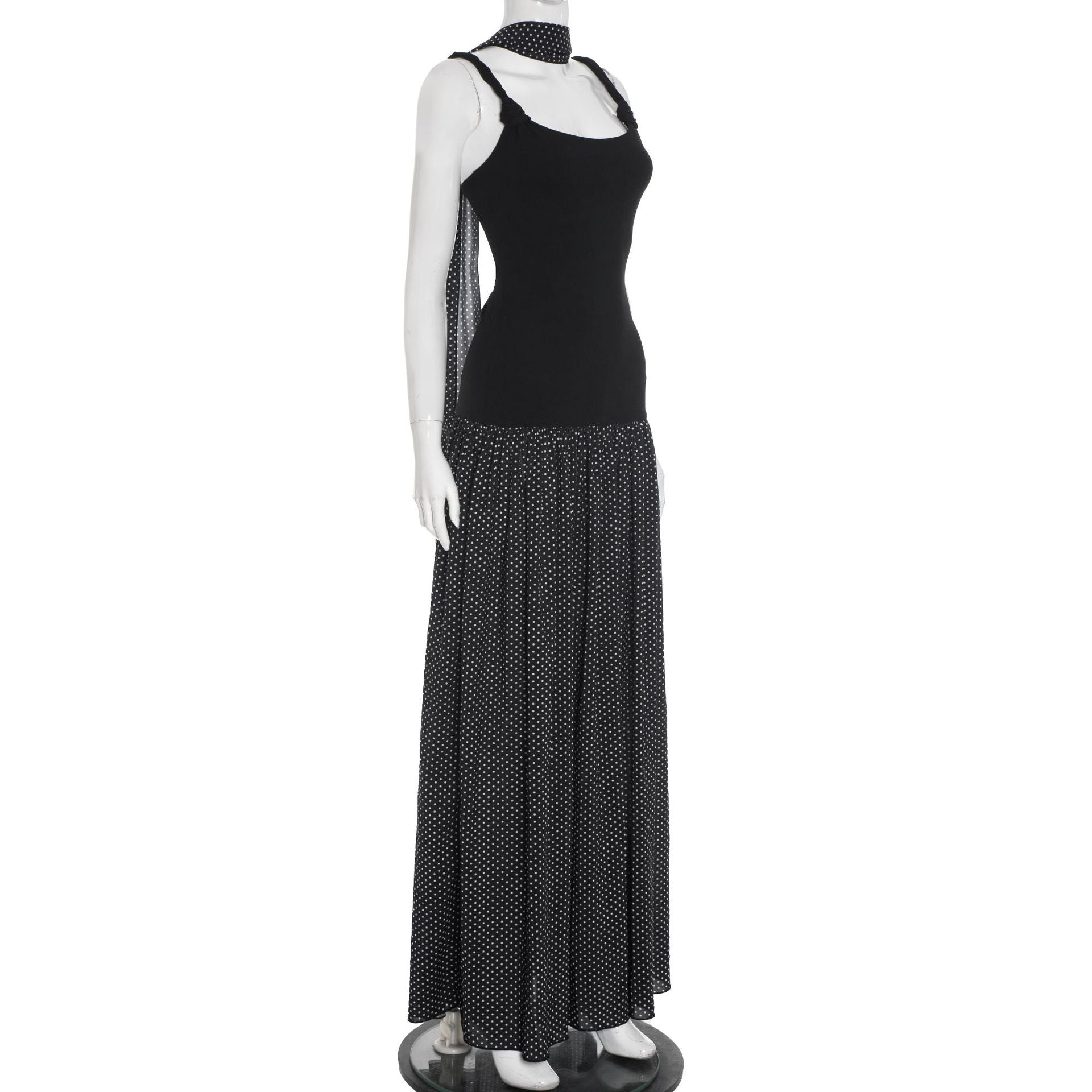 Chic Polka Dot Maxi Dress for Fall | U-Neck & Knotted Straps with Matching Scarf
