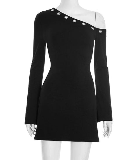 Chic Black One-Shoulder Grommet Mini Dress - Perfect for Fall Nights & Holiday Parties
