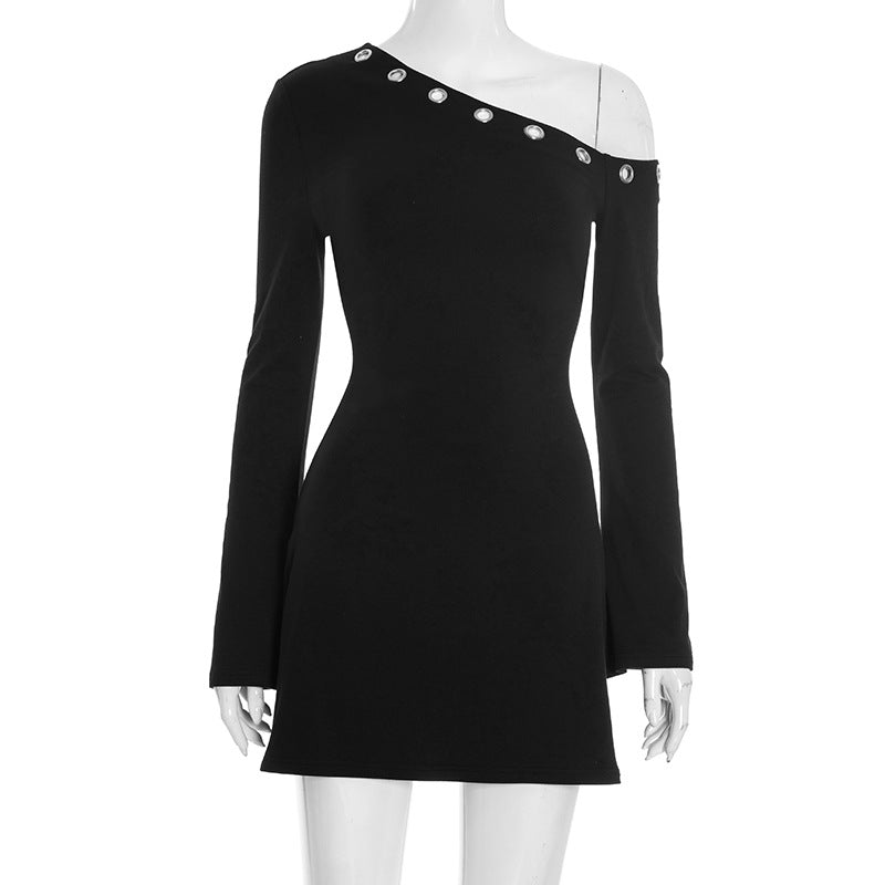 Chic Black One-Shoulder Grommet Mini Dress - Perfect for Fall Nights & Holiday Parties