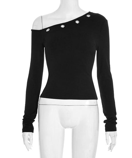 Grommet Glam: Edgy Black One-Shoulder Long Sleeve Top for Fall & Holiday Style