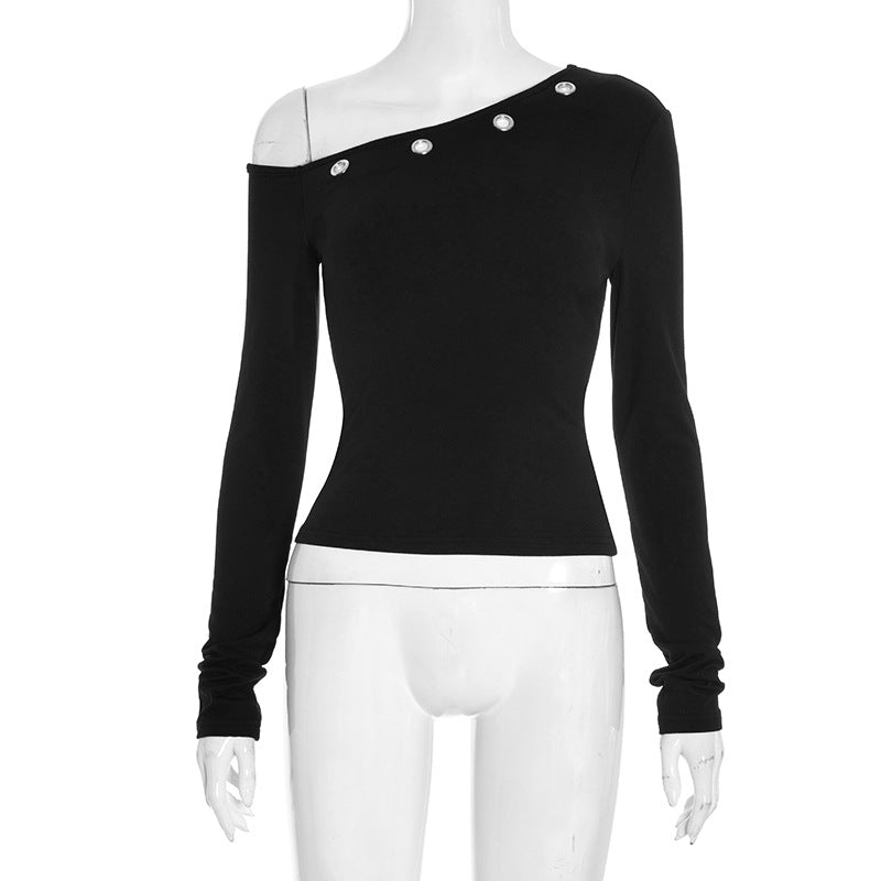 Grommet Glam: Edgy Black One-Shoulder Long Sleeve Top for Fall & Holiday Style