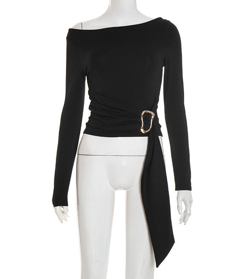 Elegant Black Off-Shoulder Ruched Top with Gold Buckle | Perfect for Fall & Holiday Glam