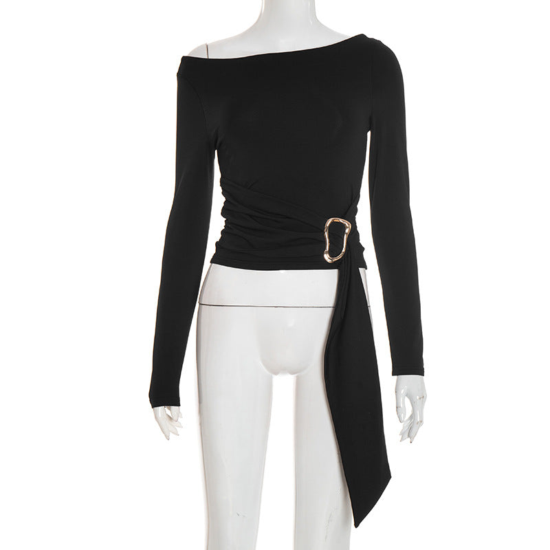 Elegant Black Off-Shoulder Ruched Top with Gold Buckle | Perfect for Fall & Holiday Glam