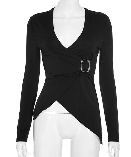 Chic Asymmetrical Buckle Wrap Top - Elevated Fall & Holiday Style for Women