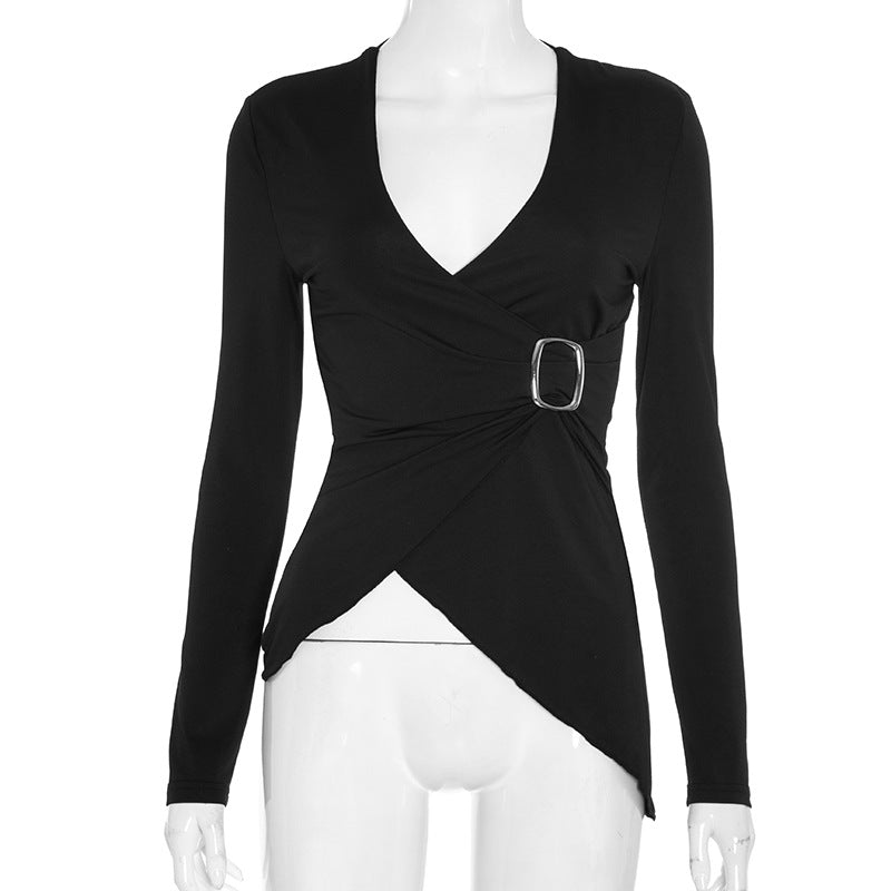 Chic Asymmetrical Buckle Wrap Top - Elevated Fall & Holiday Style for Women