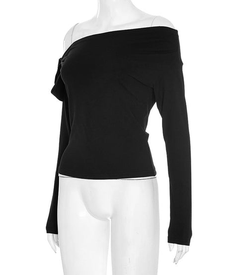 Effortless Chic: Black Off-Shoulder Knotted Long Sleeve Top for Fall & Holiday Style
