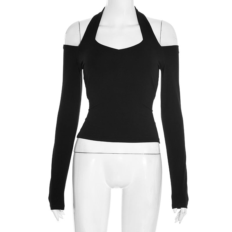 Chic Fall Nights: Black Halter Cold Shoulder Long Sleeve Top | Elevated Autumn Style