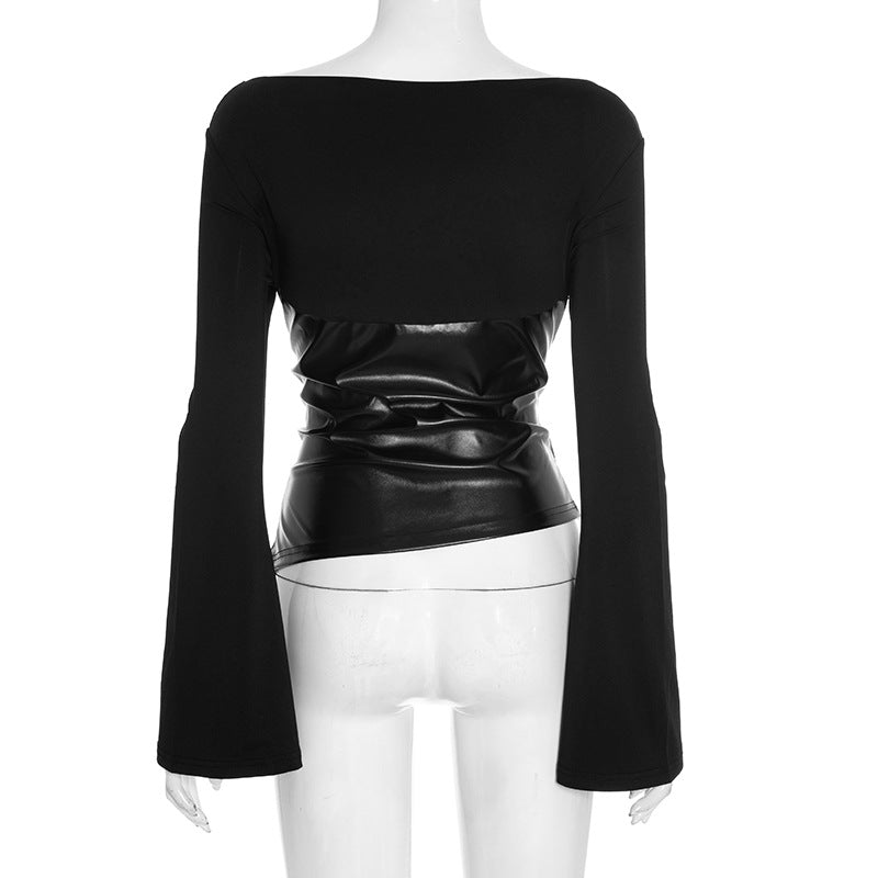 Edgy Faux Leather Ruched Long Sleeve Top - Chic Fall & Holiday Statement