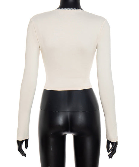 Autumn Chic: Square Neck Long Sleeve Tie-Front Top with Delicate Lace Trim – Fall Essential