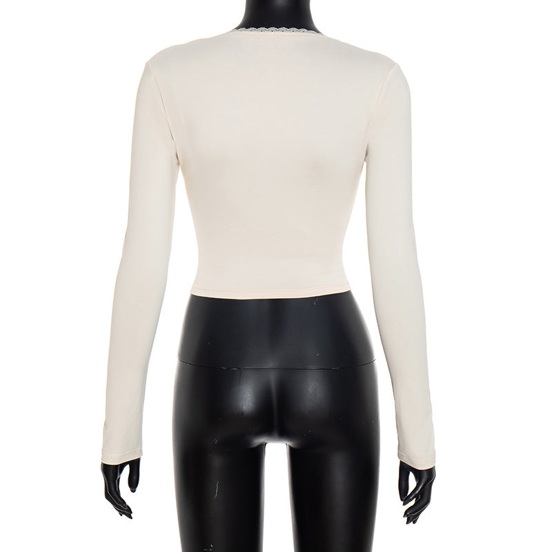 Autumn Chic: Square Neck Long Sleeve Tie-Front Top with Delicate Lace Trim – Fall Essential