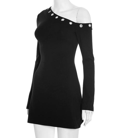 Chic Black One-Shoulder Grommet Mini Dress - Perfect for Fall Nights & Holiday Parties
