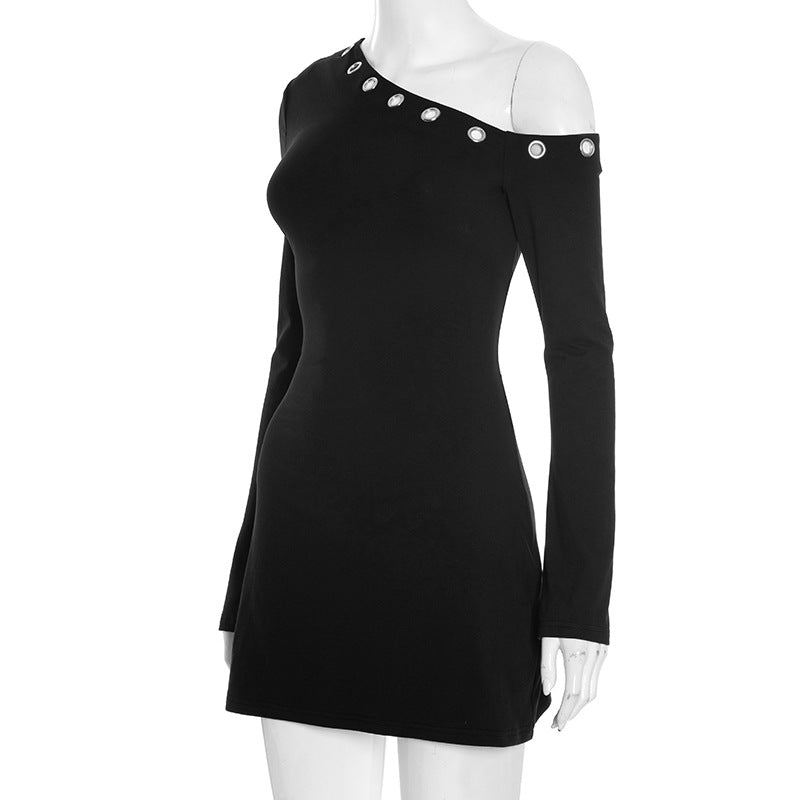 Chic Black One-Shoulder Grommet Mini Dress - Perfect for Fall Nights & Holiday Parties