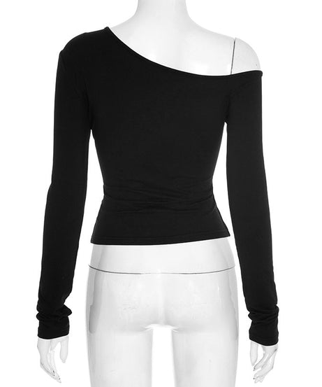 Grommet Glam: Edgy Black One-Shoulder Long Sleeve Top for Fall & Holiday Style