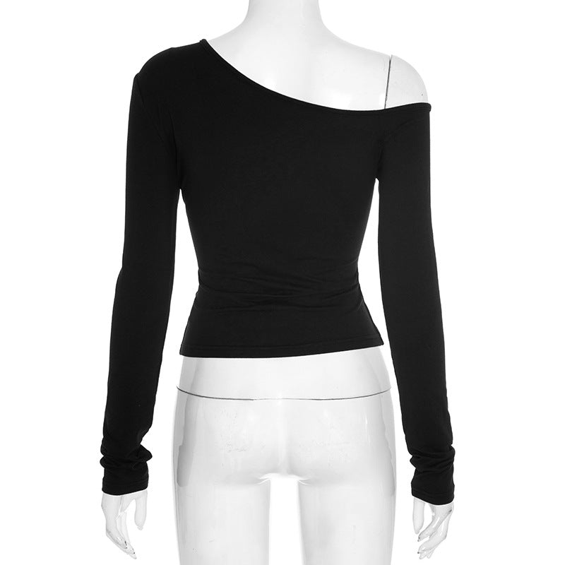 Grommet Glam: Edgy Black One-Shoulder Long Sleeve Top for Fall & Holiday Style