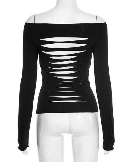 Edgy Chic Off-Shoulder Ripped Back Long Sleeve Top - Fall & Halloween Ready
