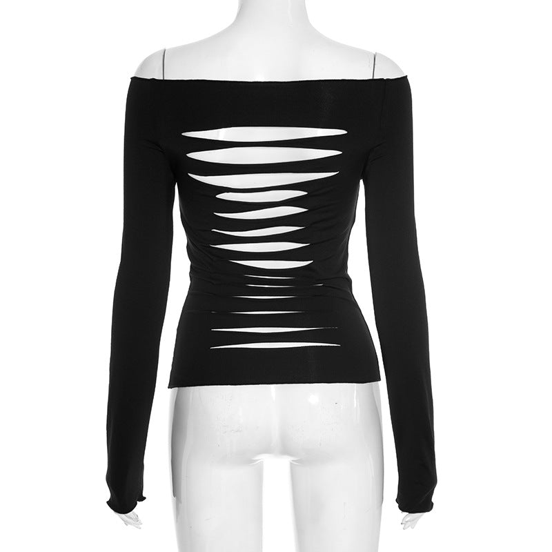 Edgy Chic Off-Shoulder Ripped Back Long Sleeve Top - Fall & Halloween Ready