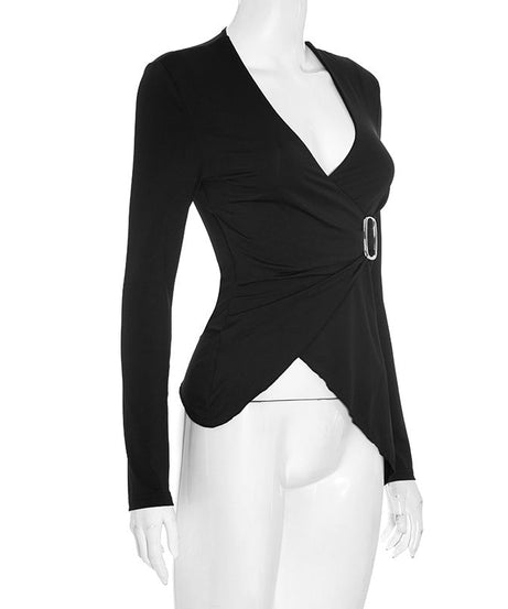 Chic Asymmetrical Buckle Wrap Top - Elevated Fall & Holiday Style for Women