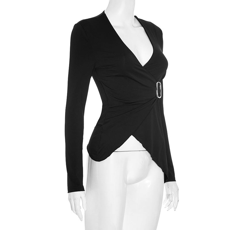 Chic Asymmetrical Buckle Wrap Top - Elevated Fall & Holiday Style for Women