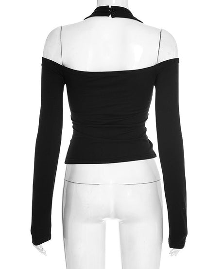 Chic Fall Nights: Black Halter Cold Shoulder Long Sleeve Top | Elevated Autumn Style