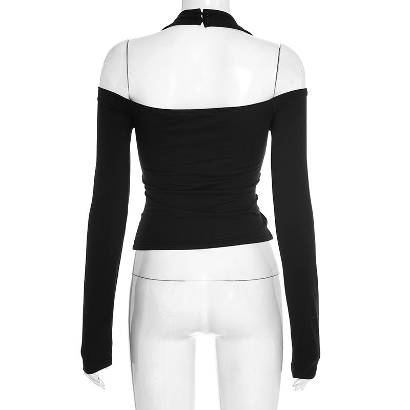 Chic Fall Nights: Black Halter Cold Shoulder Long Sleeve Top | Elevated Autumn Style