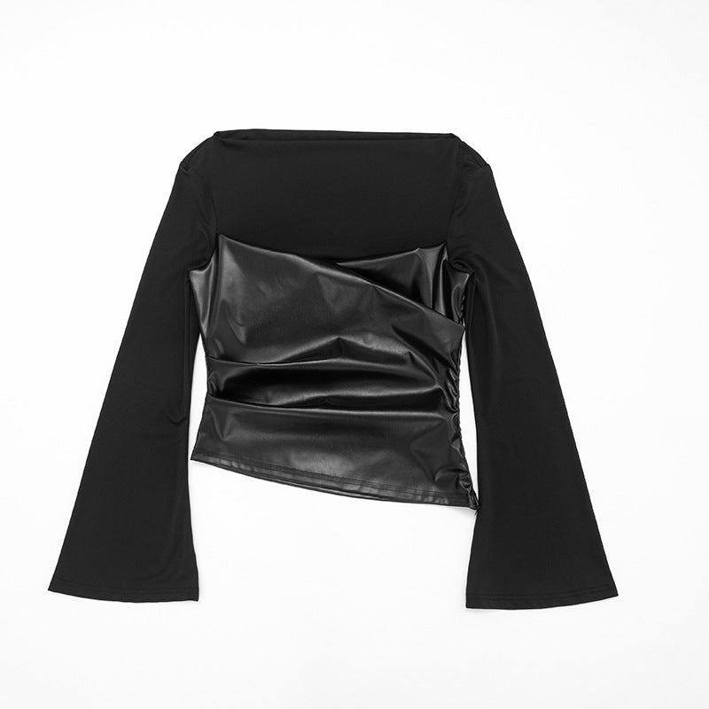 Edgy Faux Leather Ruched Long Sleeve Top - Chic Fall & Holiday Statement