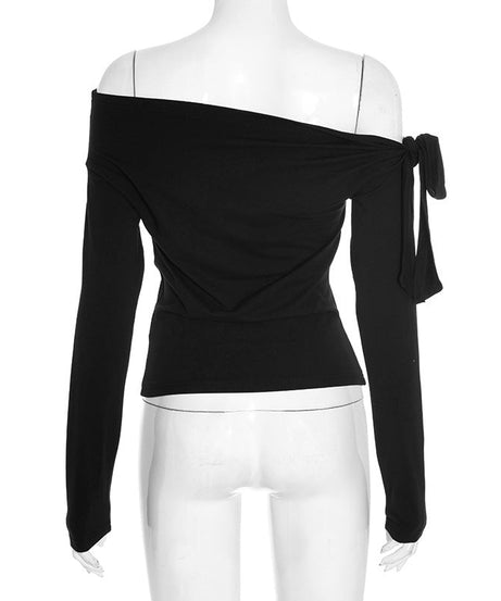 Effortless Chic: Black Off-Shoulder Knotted Long Sleeve Top for Fall & Holiday Style