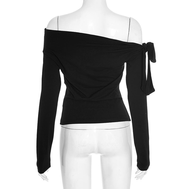 Effortless Chic: Black Off-Shoulder Knotted Long Sleeve Top for Fall & Holiday Style