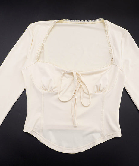 Autumn Chic: Square Neck Long Sleeve Tie-Front Top with Delicate Lace Trim – Fall Essential