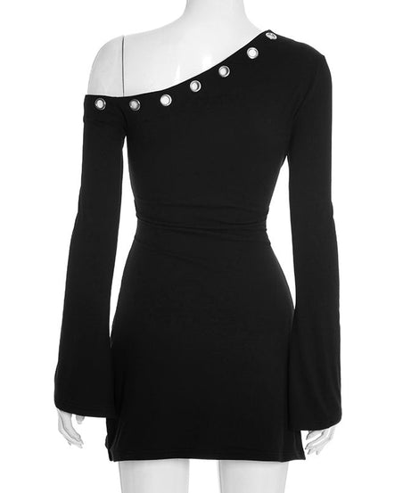 Chic Black One-Shoulder Grommet Mini Dress - Perfect for Fall Nights & Holiday Parties