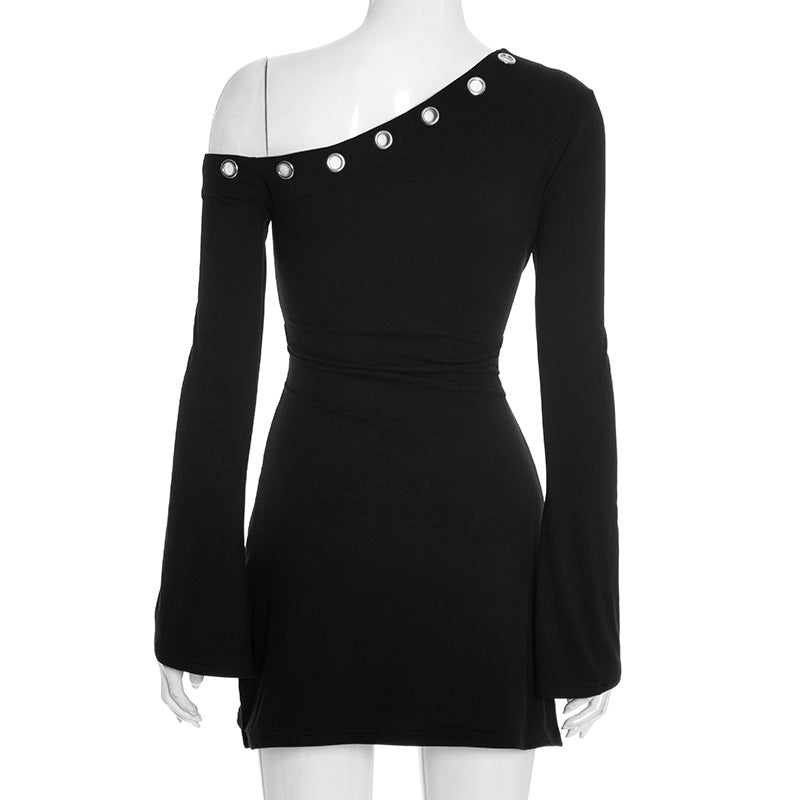 Chic Black One-Shoulder Grommet Mini Dress - Perfect for Fall Nights & Holiday Parties