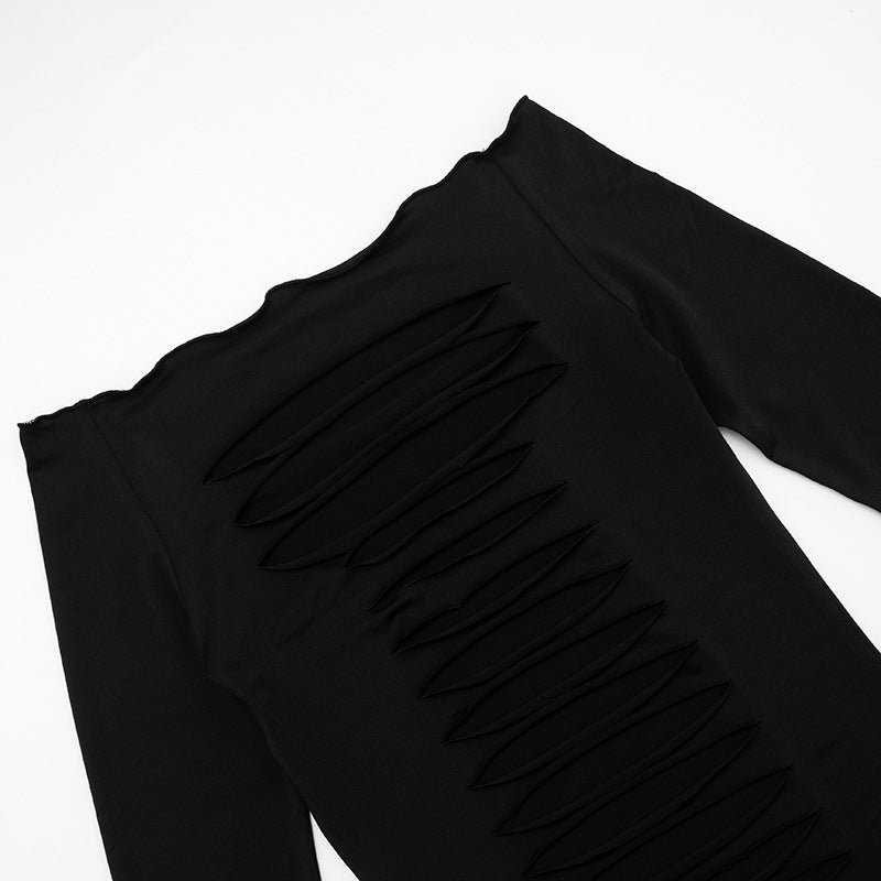 Edgy Chic Off-Shoulder Ripped Back Long Sleeve Top - Fall & Halloween Ready