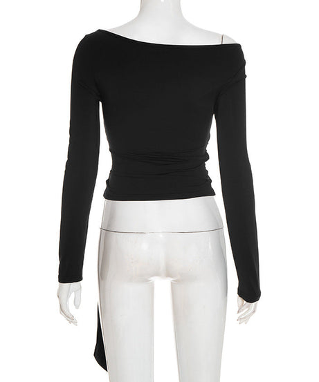 Elegant Black Off-Shoulder Ruched Top with Gold Buckle | Perfect for Fall & Holiday Glam