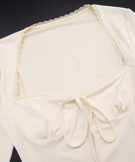 Autumn Chic: Square Neck Long Sleeve Tie-Front Top with Delicate Lace Trim – Fall Essential