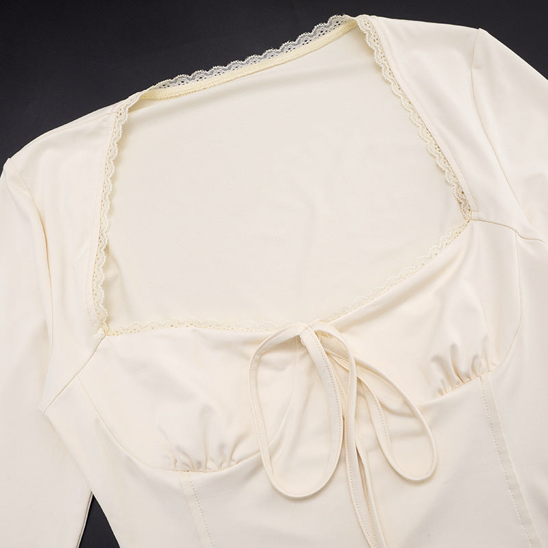 Autumn Chic: Square Neck Long Sleeve Tie-Front Top with Delicate Lace Trim – Fall Essential