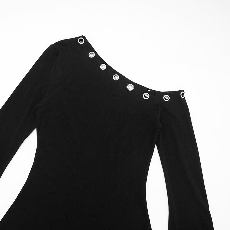 Chic Black One-Shoulder Grommet Mini Dress - Perfect for Fall Nights & Holiday Parties
