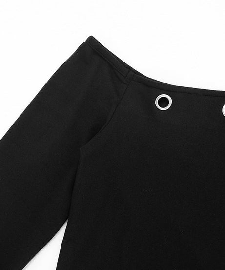 Grommet Glam: Edgy Black One-Shoulder Long Sleeve Top for Fall & Holiday Style