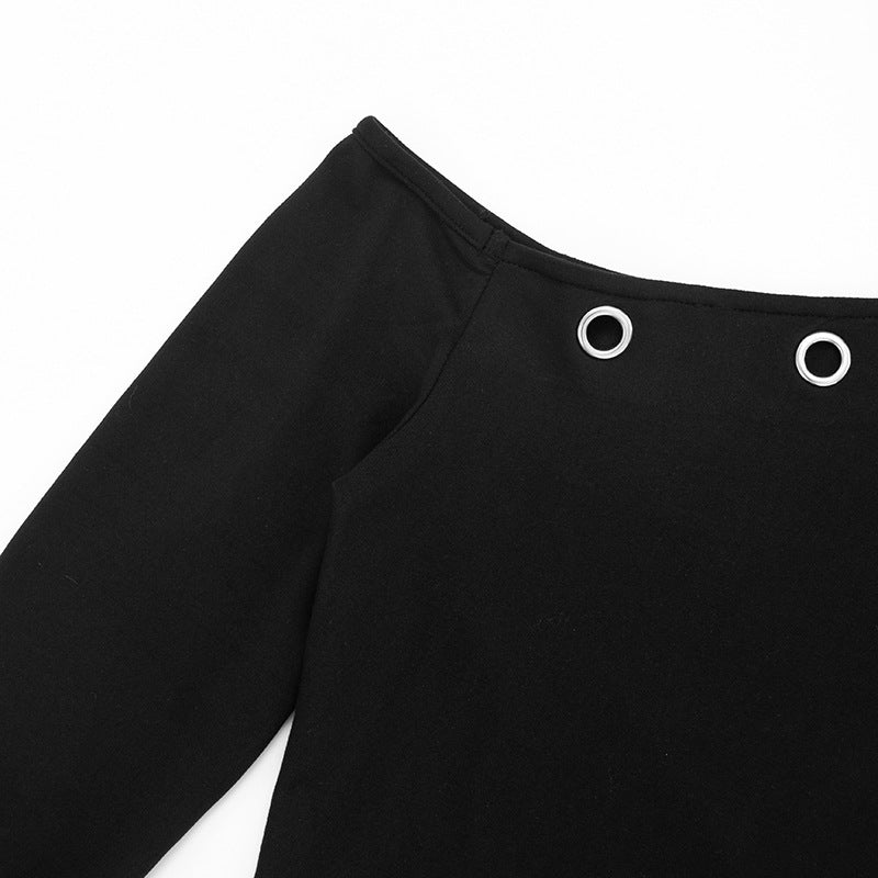 Grommet Glam: Edgy Black One-Shoulder Long Sleeve Top for Fall & Holiday Style