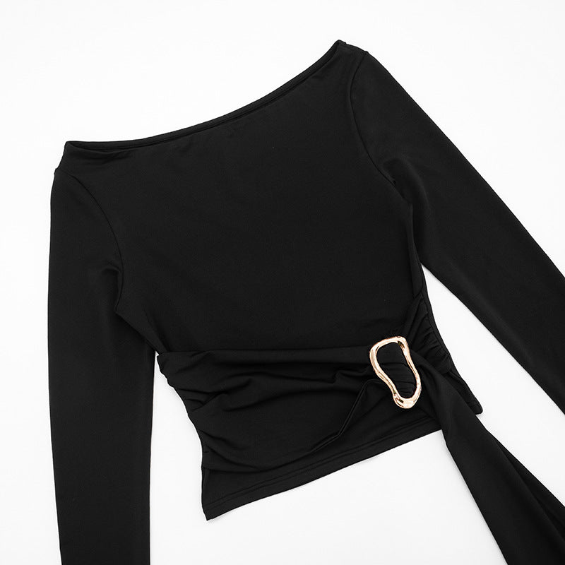 Elegant Black Off-Shoulder Ruched Top with Gold Buckle | Perfect for Fall & Holiday Glam