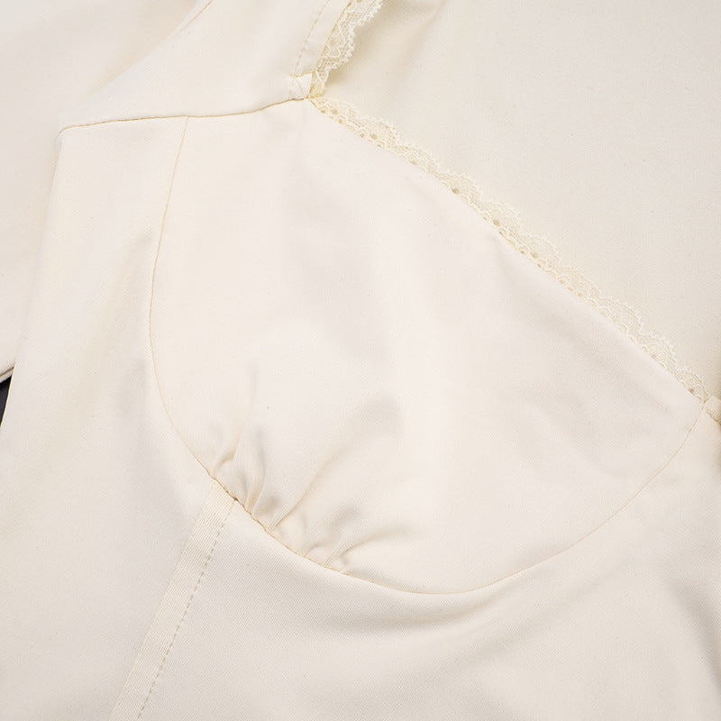 Autumn Chic: Square Neck Long Sleeve Tie-Front Top with Delicate Lace Trim – Fall Essential