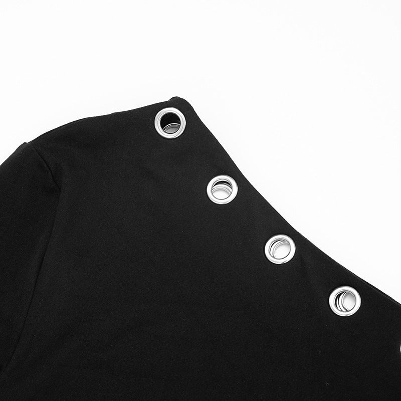 Chic Black One-Shoulder Grommet Mini Dress - Perfect for Fall Nights & Holiday Parties