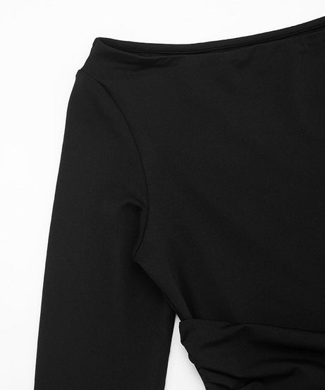 Elegant Black Off-Shoulder Ruched Top with Gold Buckle | Perfect for Fall & Holiday Glam